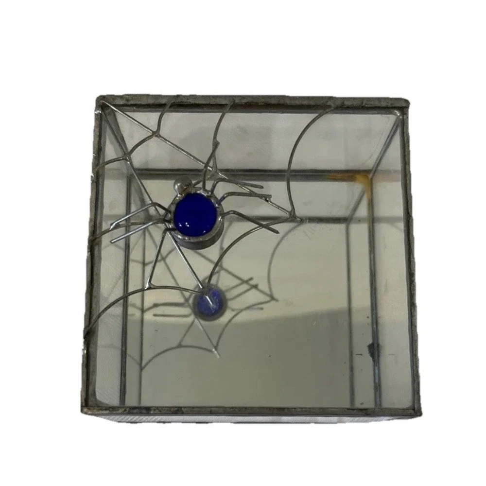 Gothic Trinket Box Blue Spider And Solder Web Mirror Glass Deco